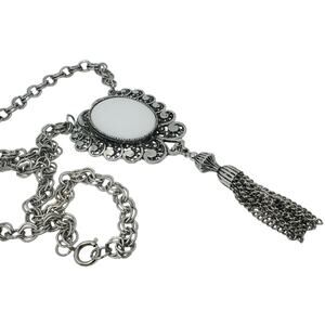 Vintage Chunky Statement Tassel Necklace – Antiqued Silvertone and White Glass